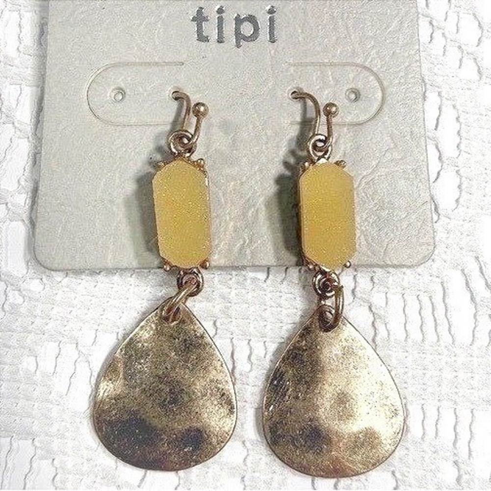 Tipi Earrings Gold Tone Teardrop Druzy Stone Dangle Drop Pierced Jewelry